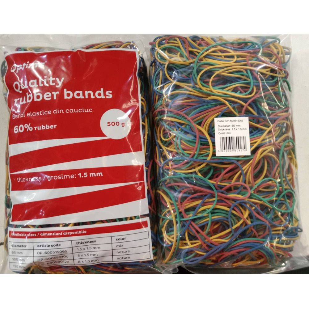Elastice pentru bani, 60% cauciuc, 500gr./punga, D 65, grosime 1.5mm x 1.5mm, Optima - culori asorta_1