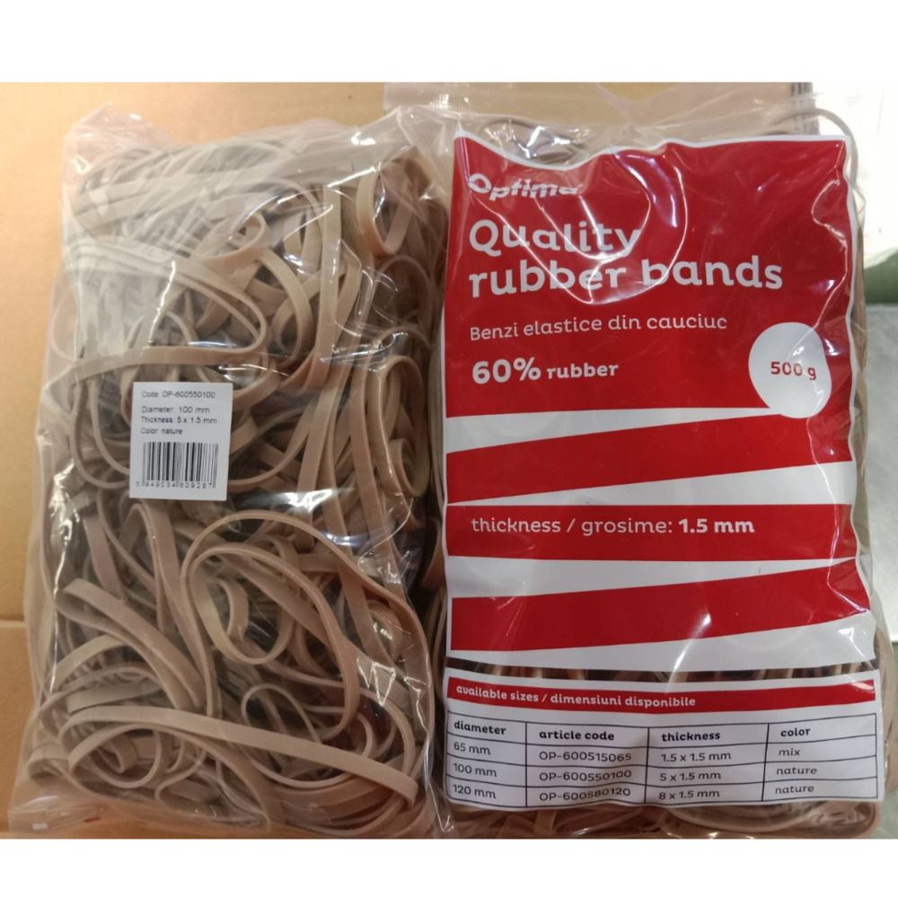 Elastice pentru bani, 60% cauciuc, 500gr./punga, D100, grosime 5mm x 1.5mm, Optima - natural_1